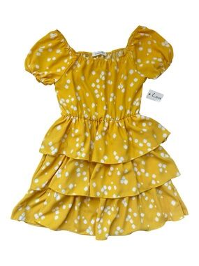 Girls Yellow Tiered Ruffle Dress | Puff Sleeve Party Dress Size Medium 7/8
